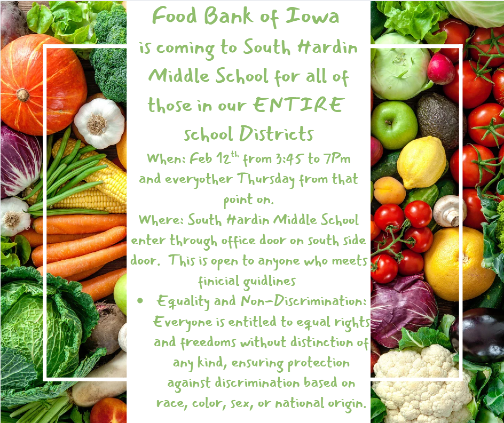 Food Bank of Iowa is visiting SHMS for the school district on Feb 12 and every other Thurs. after.