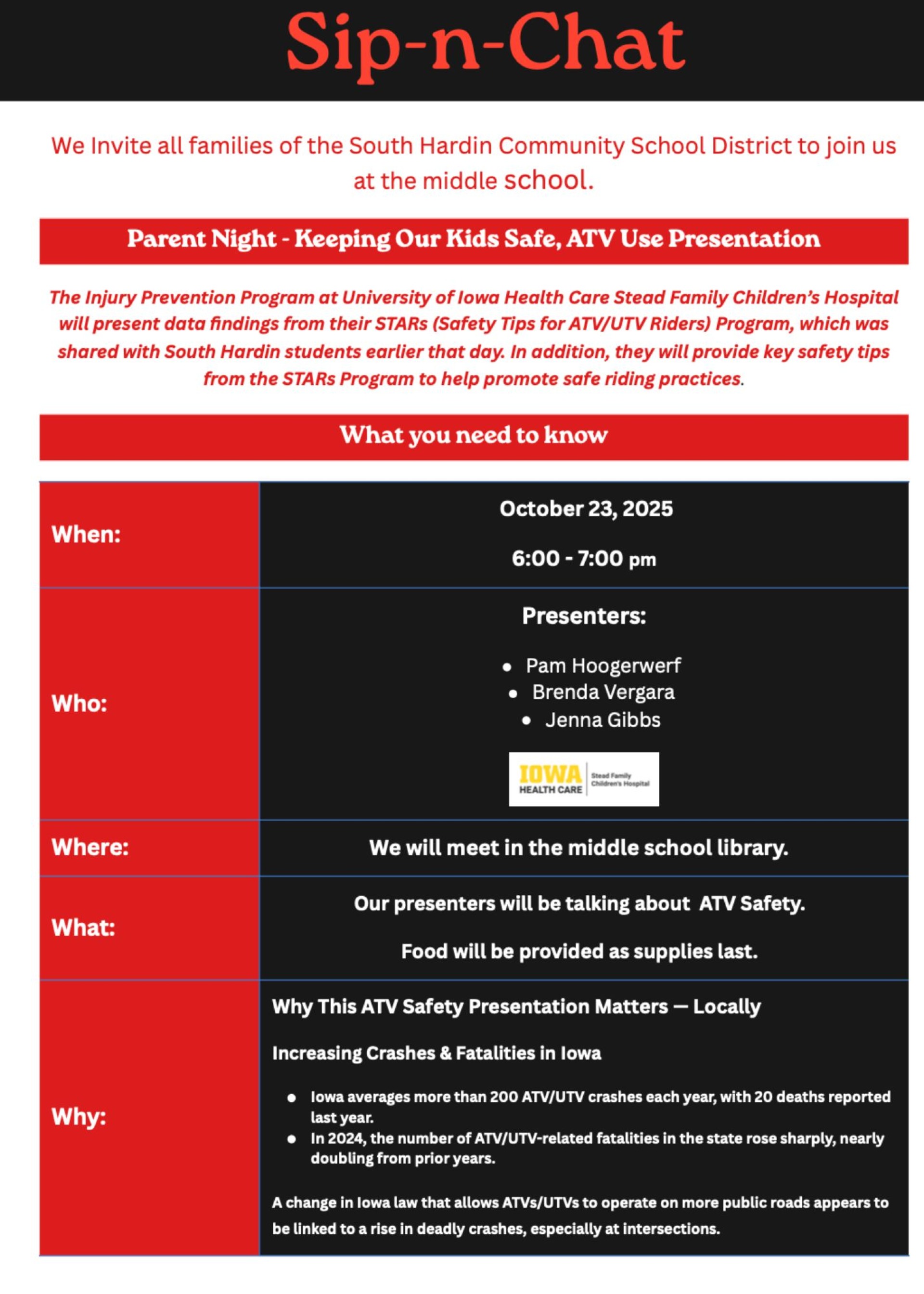 Parent Night - Keeping Our Kids Safe, ATV User Presentation. The Injury Prevention program will present data findings about their Safety Tips for ATV/UTV Riders Program.